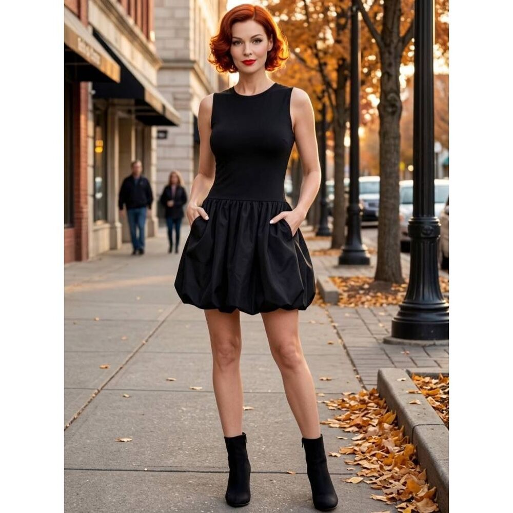 🩵⏭️NWOT Black Fitted Drop Waist Bubble Skirt Sleeveless Dress Medium